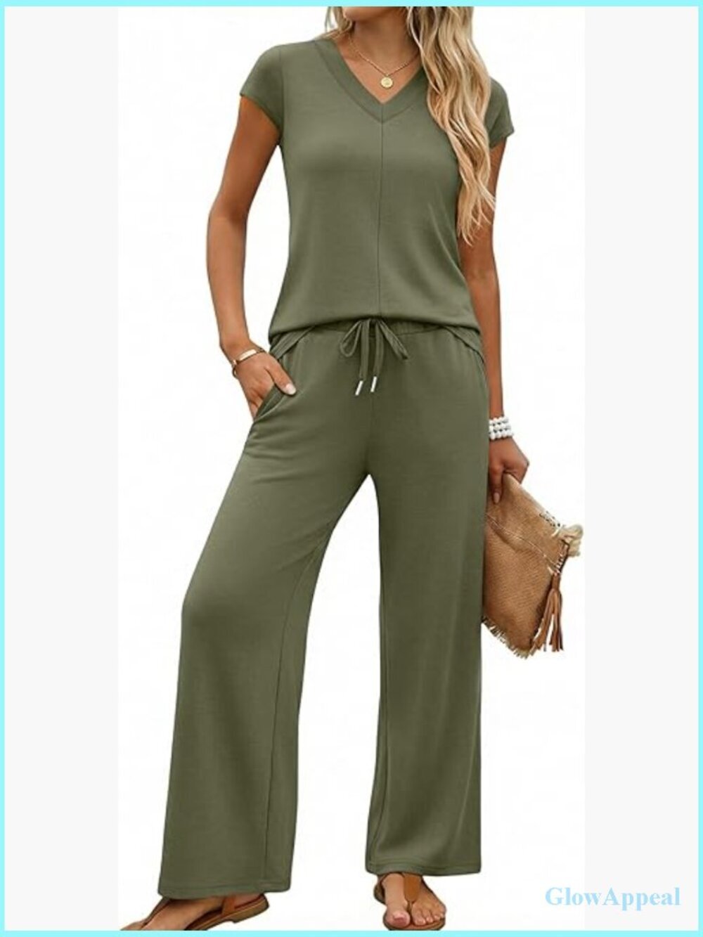 V-Neck Cap Sleeve Side Slit Top & Wide Leg Pant Set